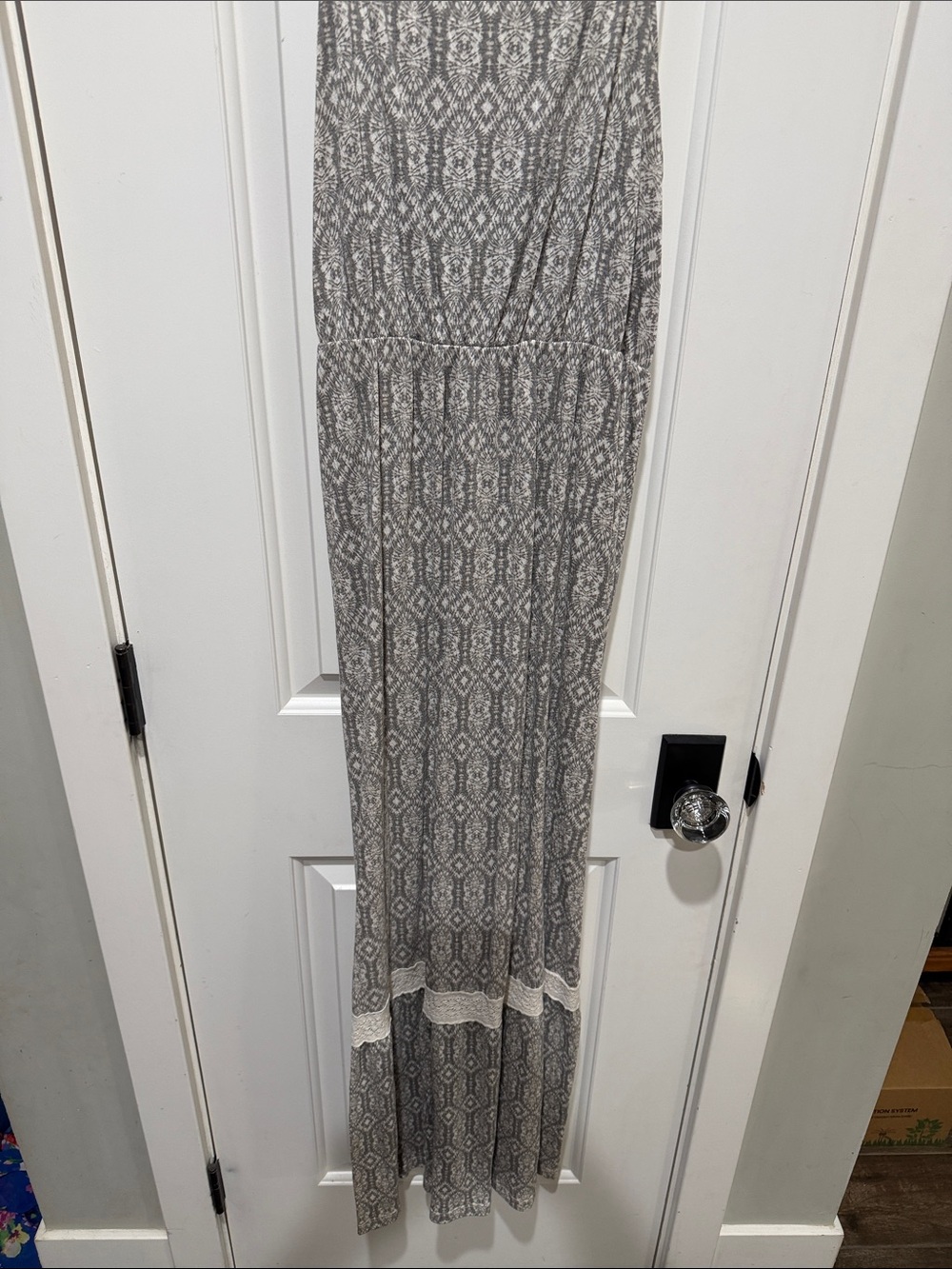 Size Large Gray Patterned Maxi Dress with crochet Trim